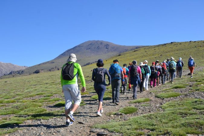 Personas caminando por ruta ansiedad yoga