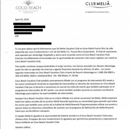 La venta del hotel de Puerto Rico deja ‘tirados’ a los socios del Club Meliá 1 Merca2.es carta anunciando la marcha melia 1 Merca2.es
