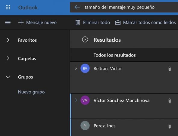 clasificar correos por tamaño