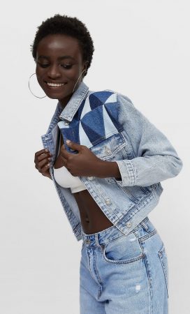 cazadora denim geometric patchwork