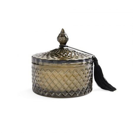 Vela de 3 mechas en tarro de color ahumado con tapa y borla