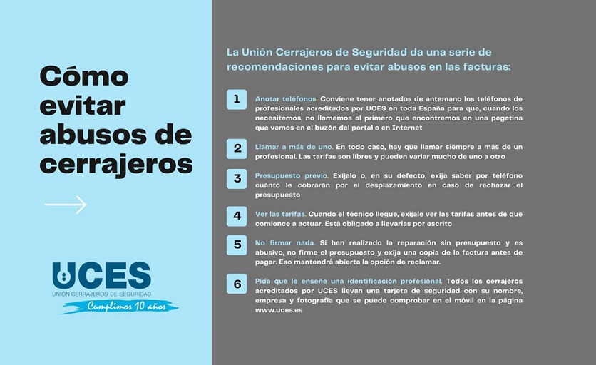 La Unión Cerrajeros de Seguridad da una serie de recomendaciones para evitar abusos en las facturas