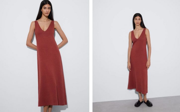 Vestido midi de punto con escote de pico