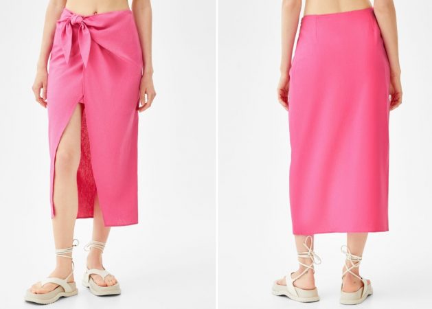 Falda midi tejido rústico lazo