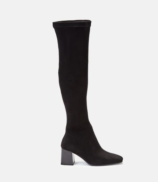 Botas de mujer en negro de caña alta elástica con puntera redonda y tacón bloque