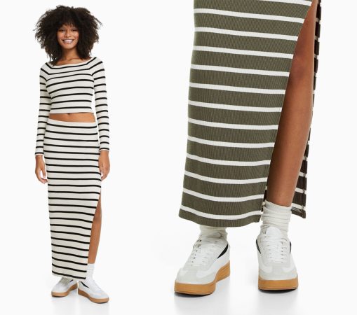 10 faldas de Bershka que quedan de muerte con medias 40 Merca2.es Falda midi a rayas de Bershka