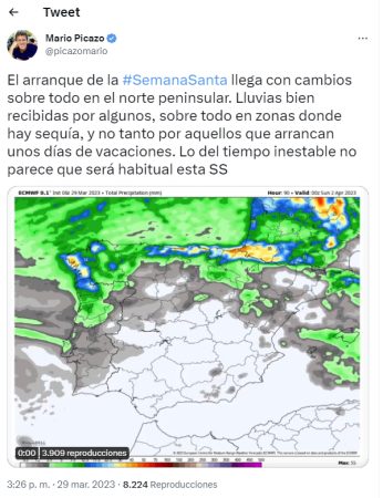 El tweet de Mario Picazo sobre el tiempo en Semana Santa