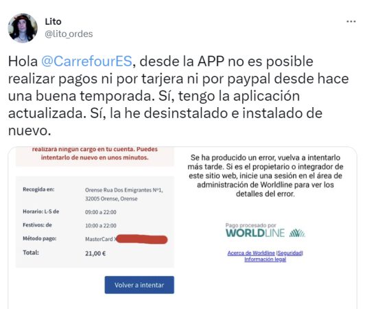 Queja de un usuario sobre los pagos en Mi Carrefour