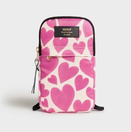 Bolso para móvil reciclado con colgador ajustable y estampado de corazones en rosa