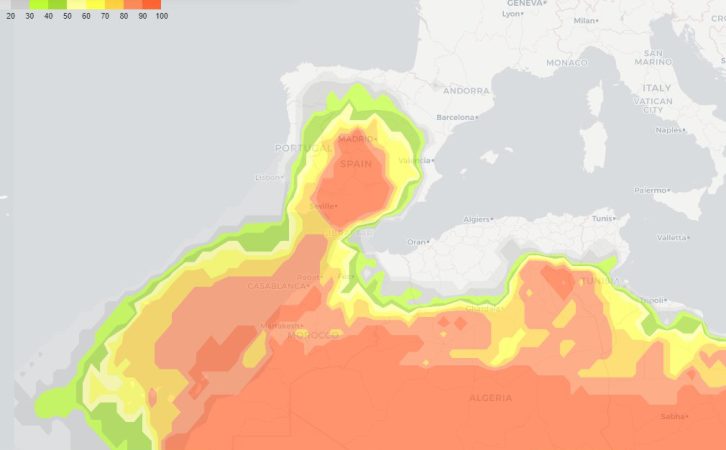 Mapa meteorologico del frente de polvo sahariano Merca2.es