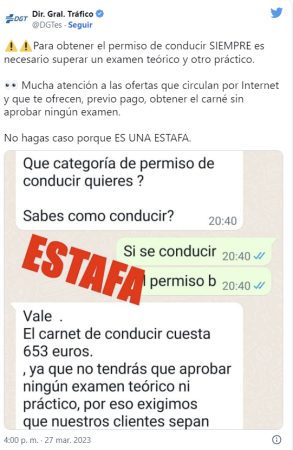 Tweet de la DGT denunciando la estafa