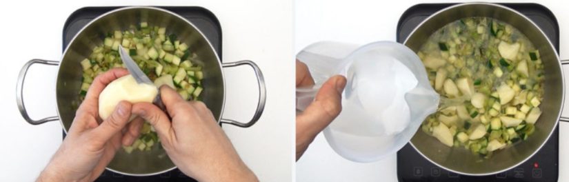 Preparación y presentación final de la crema de puerros y calabacín