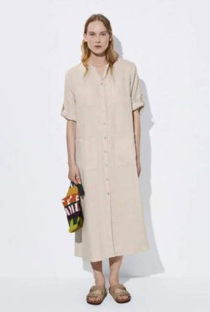 Vestido camisero largo de lino de Parfois con detalles elegantes