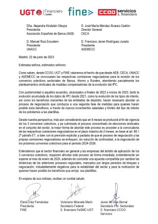 CC OO, FINE y UGT presionan para acortar las negociaciones de los convenios de banca 1 Merca2.es caerta 1 Merca2.es