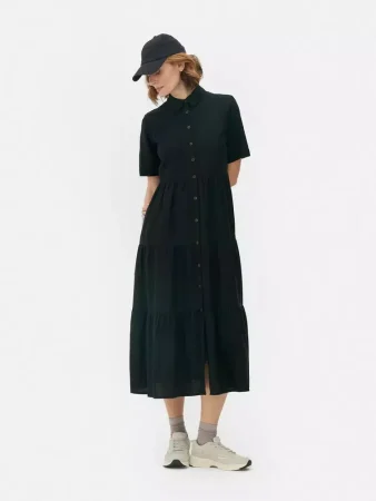 Vestido camisero midi en mezcla de lino