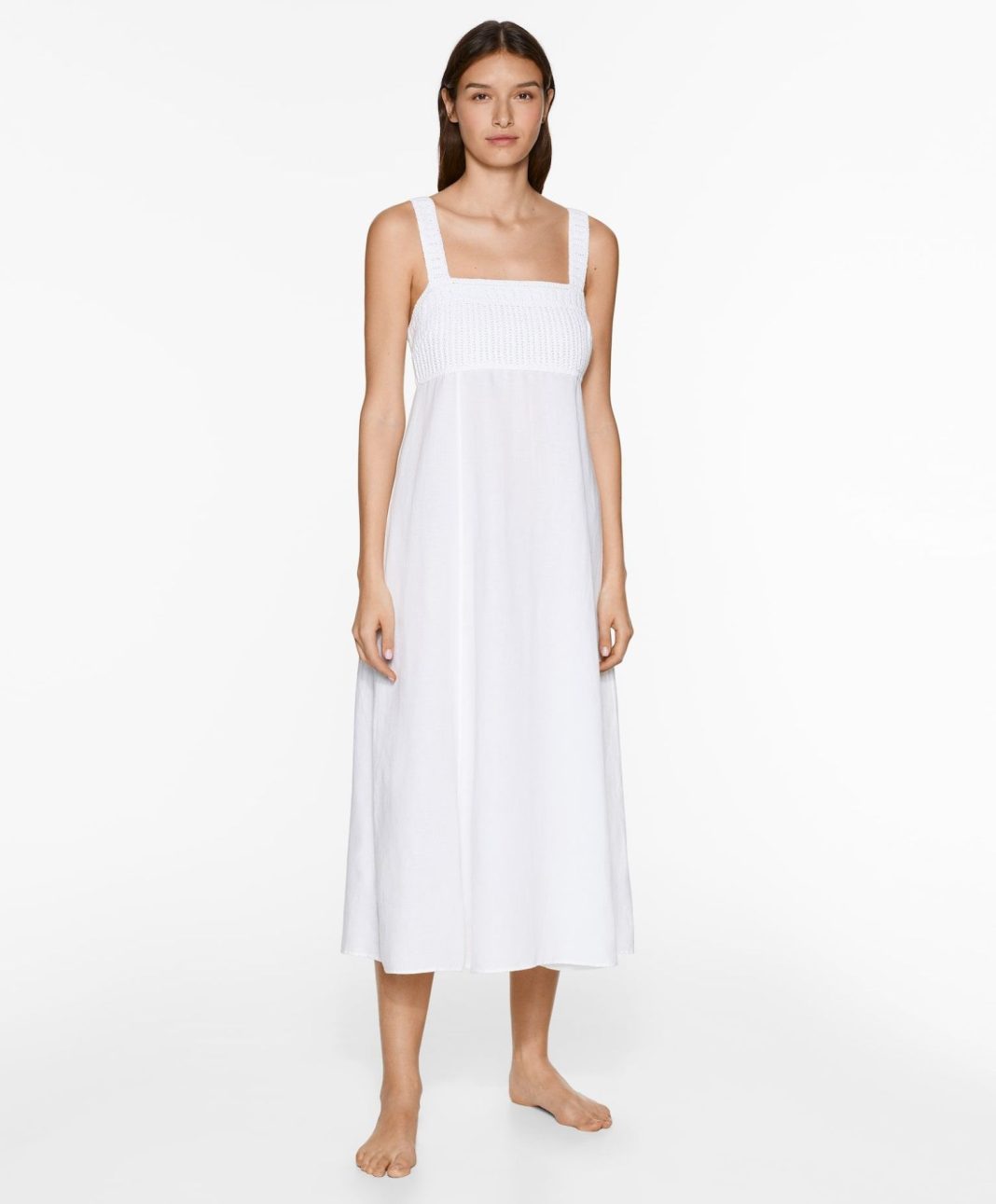 Vestido largo tirantes crochet con lino