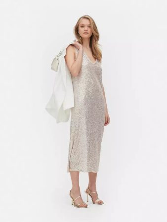 Vestido midi con cuello en V y lentejuelas