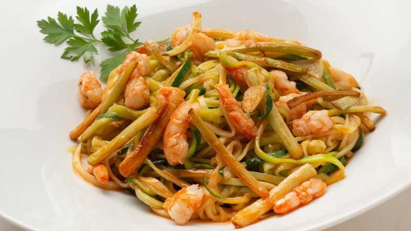 Espaguetis con gambas al ajillo y verduras: Receta rápida, barata y muy sana 1 Merca2.es espaguetis de calabacin con gambas xl 1280x720x80xX Merca2.es