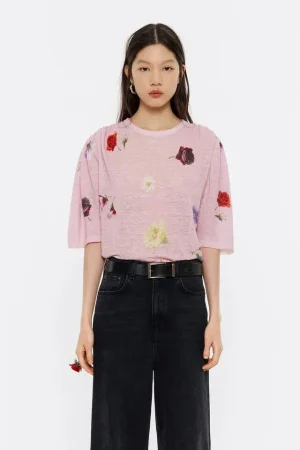 JERSEY HOMBROS FRUNCIDOS LINO FLOWERS ROSA