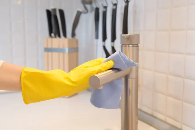 closeup female hand gloves cleaning kitchen tap Merca2.es