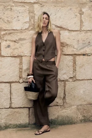 CHALECO HALTER CON LINO Y PANTALÓN PIJAMERO CON LINO ZW COLLECTION