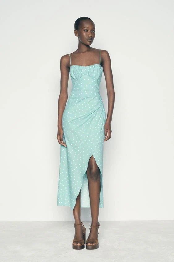 VESTIDO MIDI CORSETERO LUNARES CON LINO