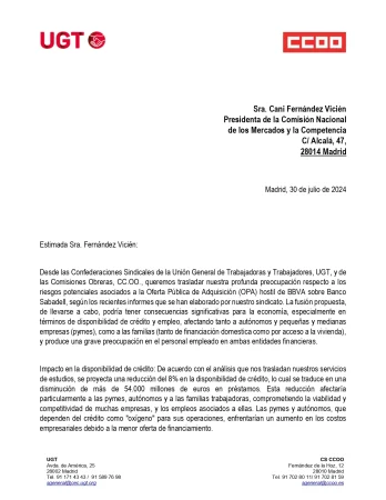 CC OO y UGT le hacen al Gobierno el 'trabajo sucio' de cara a evitar la fusión BBVA-Banco Sabadell 1 Merca2.es caRTA page 0001 Merca2.es