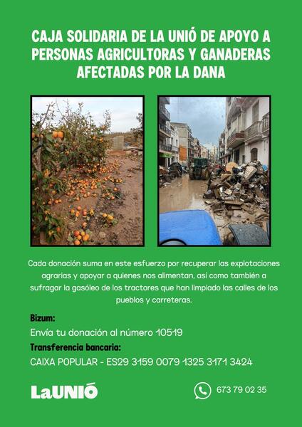 Unión de Uniones lanza una campaña de donaciones para ayudar a agricultores y ganaderos afectados por DANA