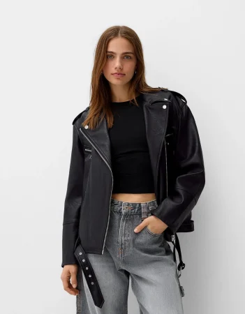 Cazadora biker efecto piel oversize