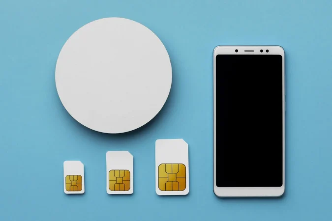 top view three sim cards with smartphone Merca2.es