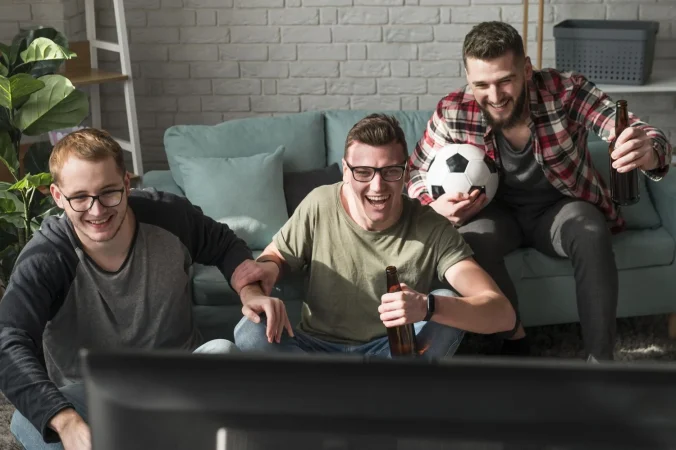 La Liga, las telecos y la piratería mediante IPTV ¿Y si bajan los precios? 89 Merca2.es front view heerful male friends watching sports tv with football Merca2.es