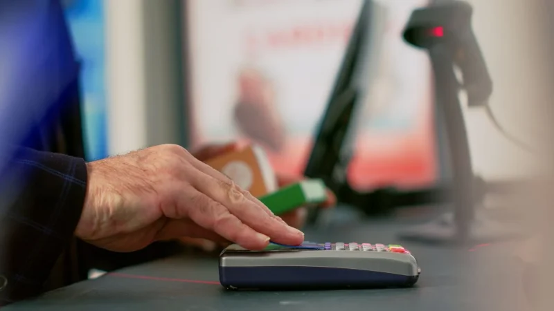 senior man using credit card pos pay vitamins making contactless payment pharmacy counter person buying boxes medicaments pills prescritpion treatment close up tripod shot Merca2.es