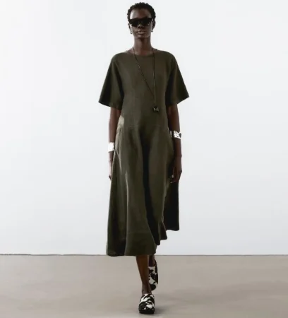 4. Vestido manga corta 100% lino, diseño de Massimo Dutti