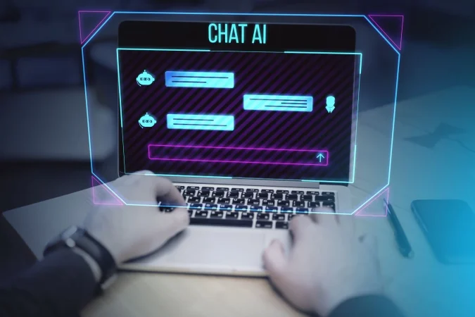 close up male hands using laptop wooden desk with creative ai chat hologram blurry background chat gpt communication bot concept double exposure Merca2.es