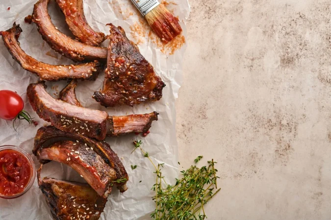 grilled smoked pork ribs with barbeque sauce old vintage wooden cutting board old concrete table background tasty snack beer top view Merca2.es