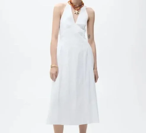 Vestido midi de algodón con cuello halter – 59,99€
