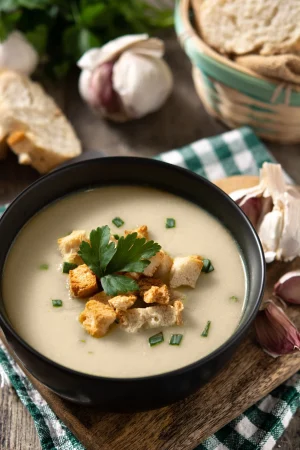 Sopa de ajo: Un plato típico castellano para disfrutar en Semana Santa 18 Merca2.es garlic soup topped with croutons bowl wooden table Merca2.es
