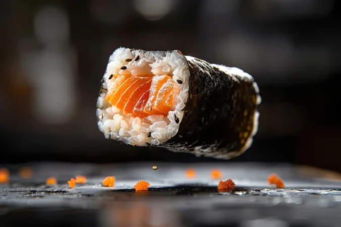 highly detailed seafood sushi dish with simple black background Merca2.es