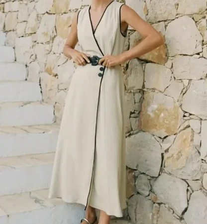 Vestido de lino con ribetes contraste