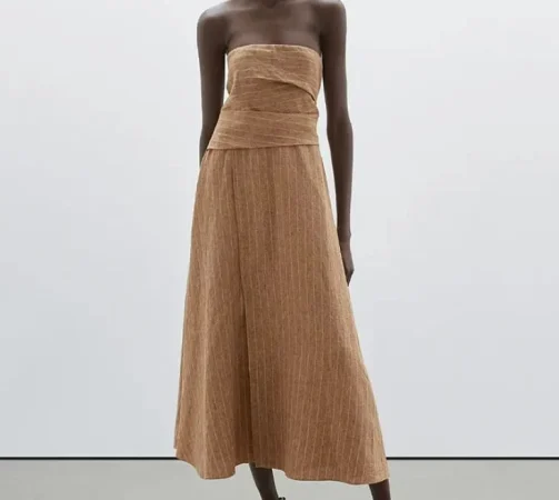 5. Vestido palabra de honor en marrón arena