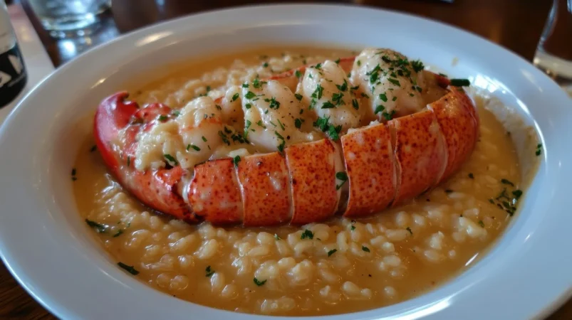 delicioso risotto de langosta en un plato blanco con textura cremosa y hierbas Merca2.es