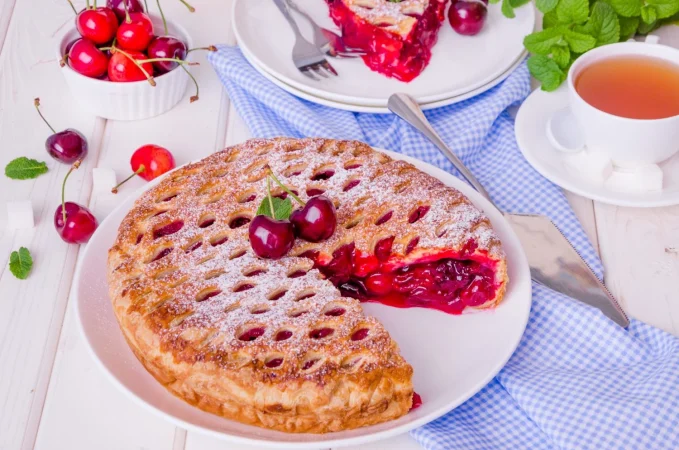 pastel de hojaldre cerrado con cereza relleno sobre un fondo blanco de madera Merca2.es