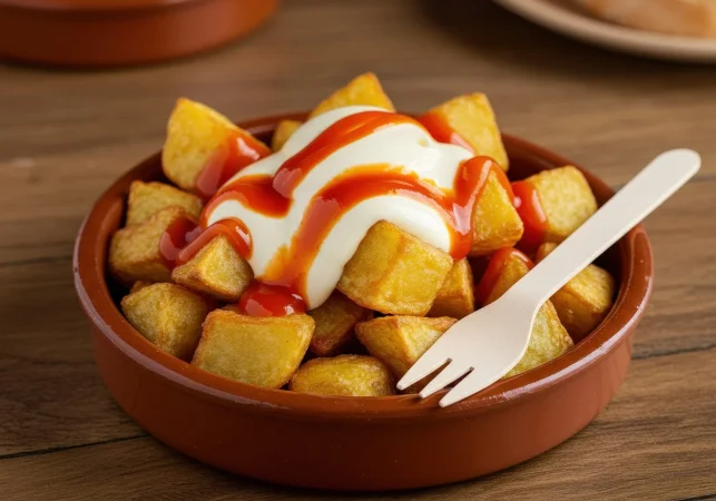 patatas bravas sabrosas servidas con salsa en un cuenco rustico en un bullicioso bar de tapas Merca2.es