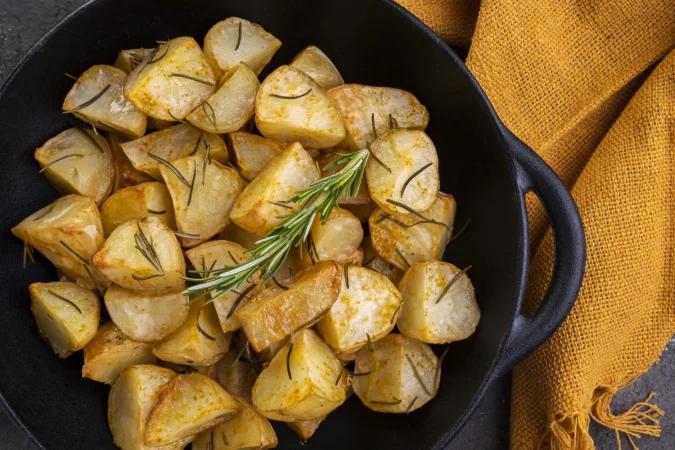 Patatas asadas en Airfryer: Crujientes por fuera, jugosas por dentro y rellenas de lo que más te guste 21 Merca2.es patatas fritas al horno con romero sal gruesa aceite de oliva y pimenton picante en una sarten de hierro Merca2.es
