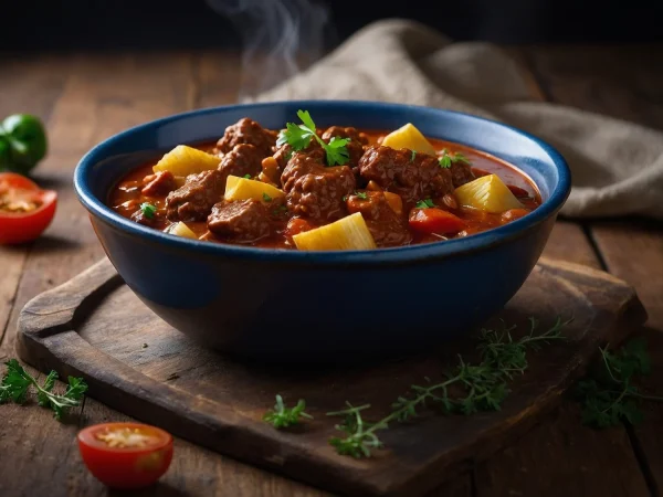 Receta de Goulash, el plato tradicional húngaro 27 Merca2.es un plato de comida con albondigas y verduras en una tabla de madera Merca2.es