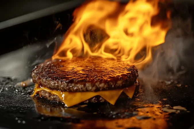 un tiro de angulo lateral dramatico de una hamburguesa siendo asada en una estufa con llamas lamendo los bordes de t Merca2.es