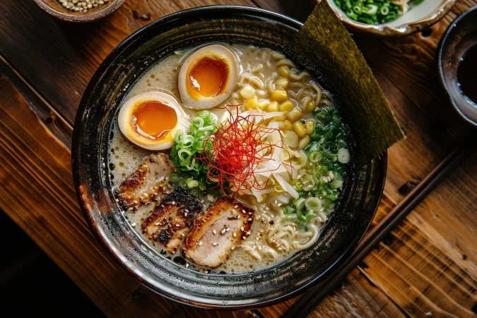 miso ramen fideos asiaticos con huevo enoki y repollo pak choi en un cuenco sobre fondo de madera Merca2.es