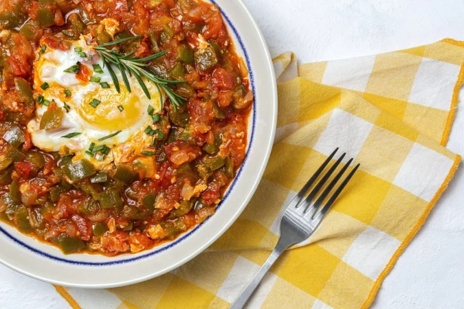 plato de verduras pisto manchego base de tomates calabacines pimientos cebollas con huevo frito comida tipica espanola Merca2.es