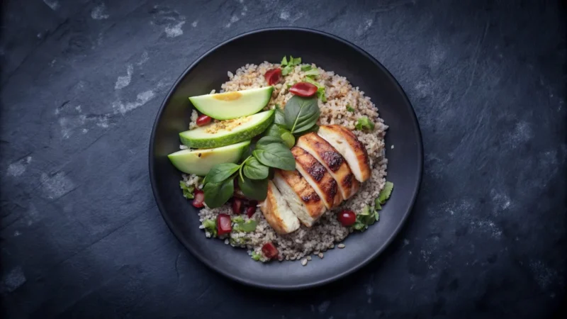 Ensalada de quinoa, pollo y verduras: Una explosión de sabor, frescor y nutrición 79 Merca2.es pollo la parrilla con aguacate y arroz en un plato negro Merca2.es