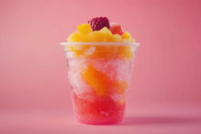 refrescante dulce de frutas en taza desechable sobre un fondo rosado Merca2.es